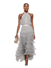 A Line Pink Chiffon Halter Neck Sleeveless Ankle Length Dress With Cascading Ruffles