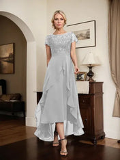 A-line Scoop Illusion Asymmetrical Chiffon Lace Mother of the Bride Dress With Bow Ruffle Sequins