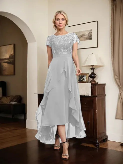 A-line Scoop Illusion Asymmetrical Chiffon Lace Mother of the Bride Dress With Bow Ruffle Sequins