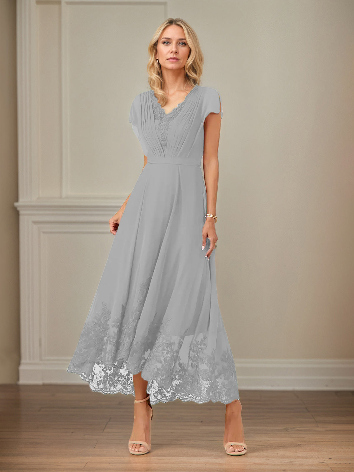 A Line V Neck Flutter Sleeve Ankle Length Chiffon Dress With Appliques
