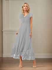 A Line V Neck Flutter Sleeve Ankle Length Chiffon Dress With Appliques