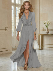 Elegant Beige Chiffon V-neck With Rhinestone Embellishments And A Side Slit Maxi Dress
