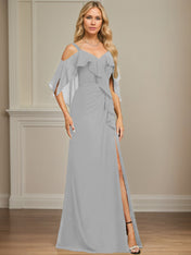 Sheath/Column Cold Shoulder V-Neck Floor-Length Chiffon Dress With Cascading Ruffles Sequins Beading