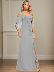 Sheath/Column Cold Shoulder V-Neck Floor-Length Chiffon Dress With Cascading Ruffles Sequins Beading
