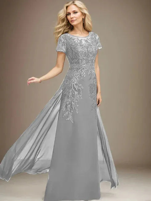 Column Scoop Illusion Floor-Length Lace Chiffon Mother of the Bride Dress With Sequins