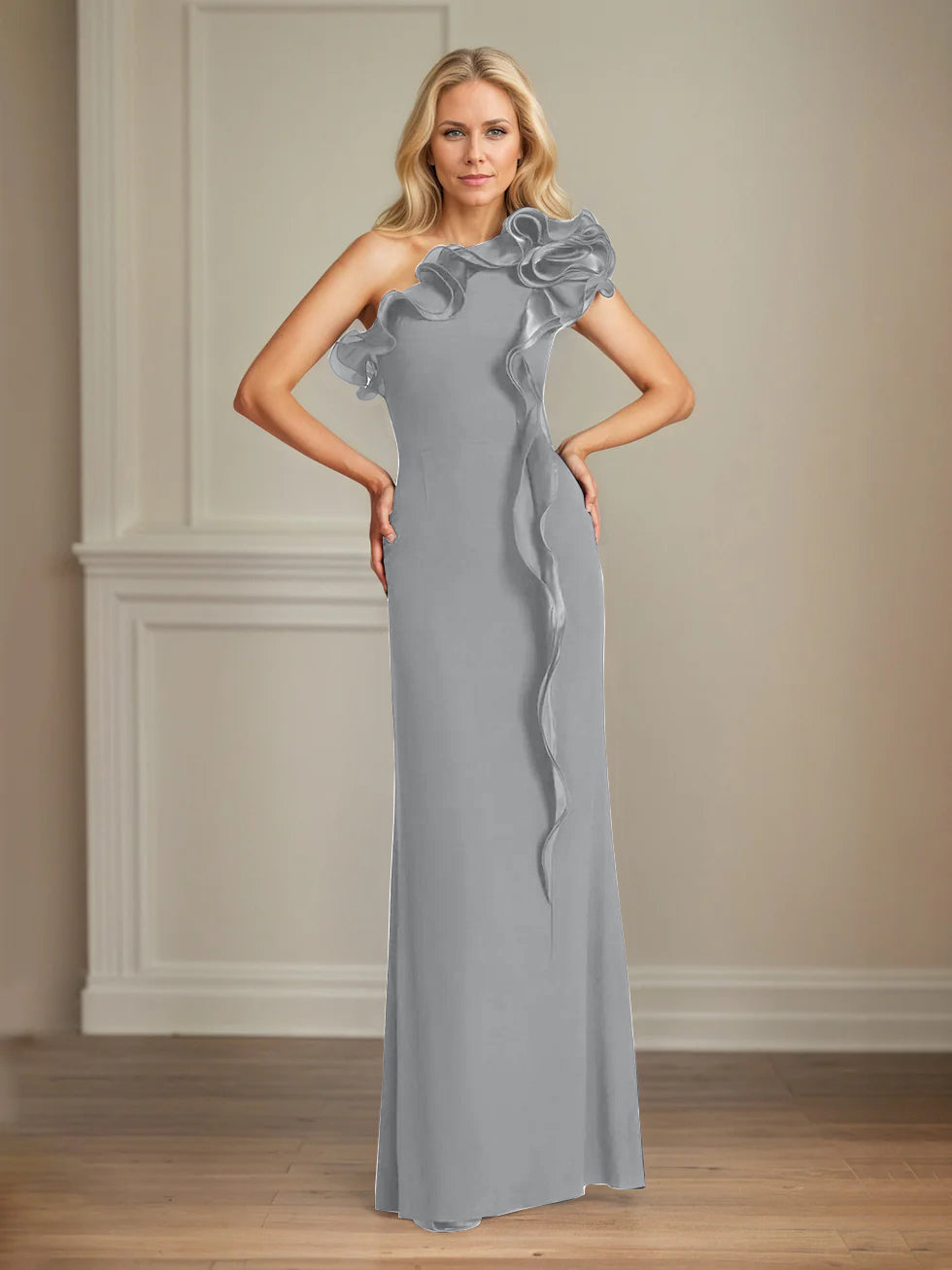 Column One Shoulder Floor Length Mother of the Bride Dresses With Ruffles