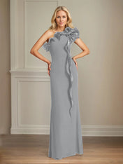 Navy Stretch Crepe Sheath/Column One Shoulder Floor Length Mother of the Bride Dresses With Ruffles
