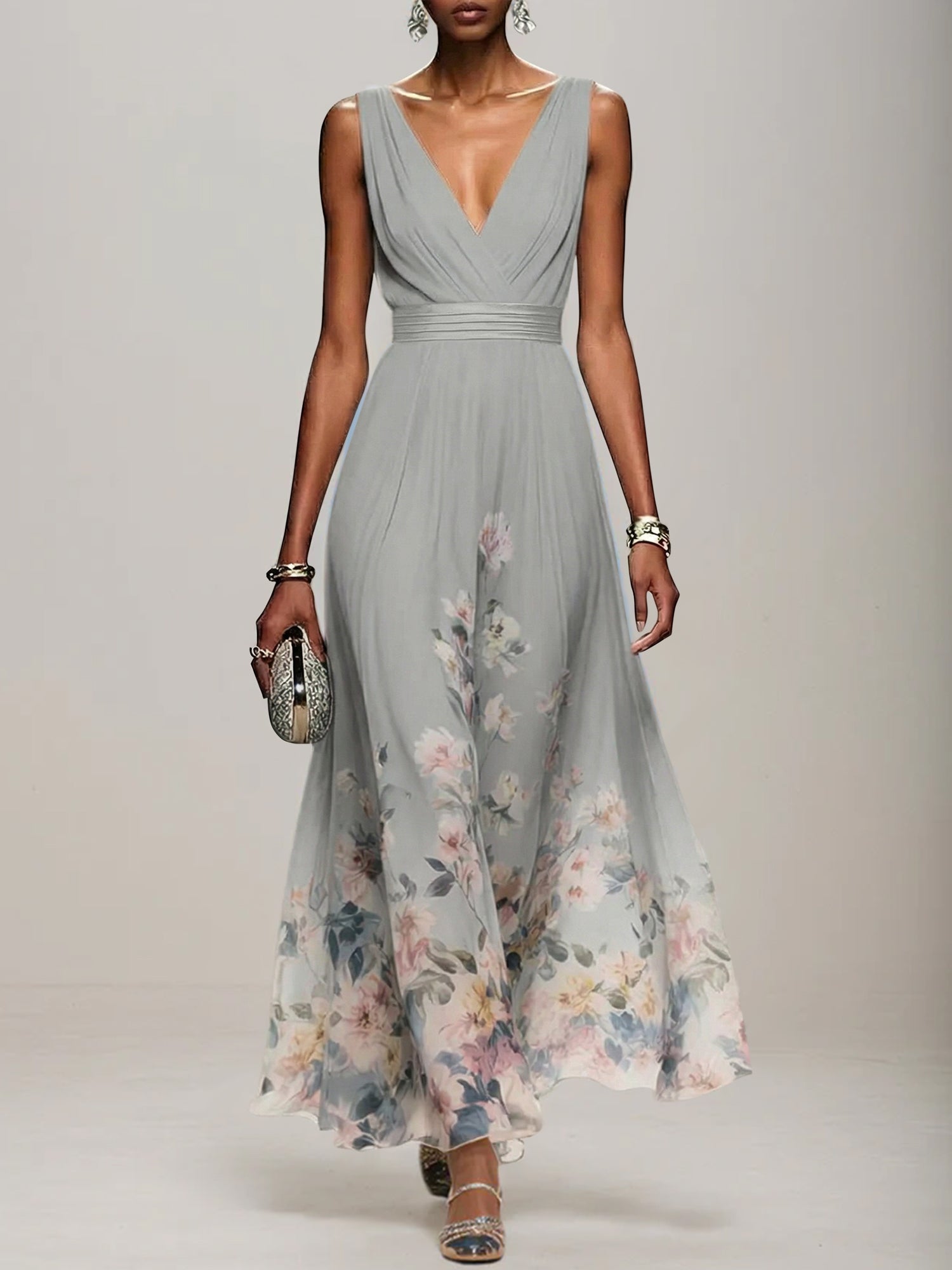 Light Blue Floral Chiffon V Neck Sleeveless A Line Maxi Dress