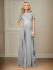A Line Chiffon Boat Neck Short Sleeves Floor Length Pleated Mother of the Bride Dresses
