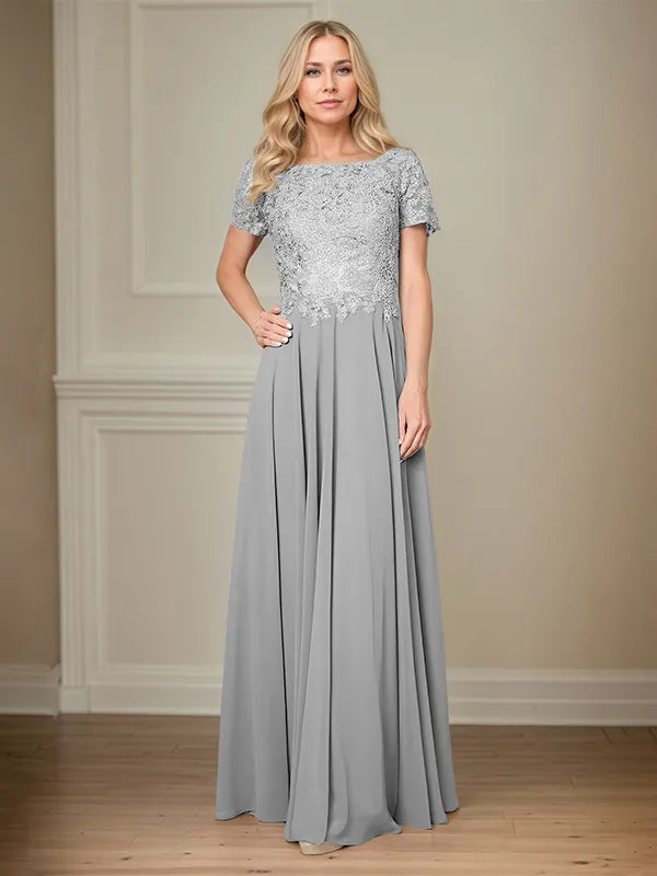 A Line Chiffon Boat Neck Short Sleeves Floor Length Pleated Mother of the Bride Dresses