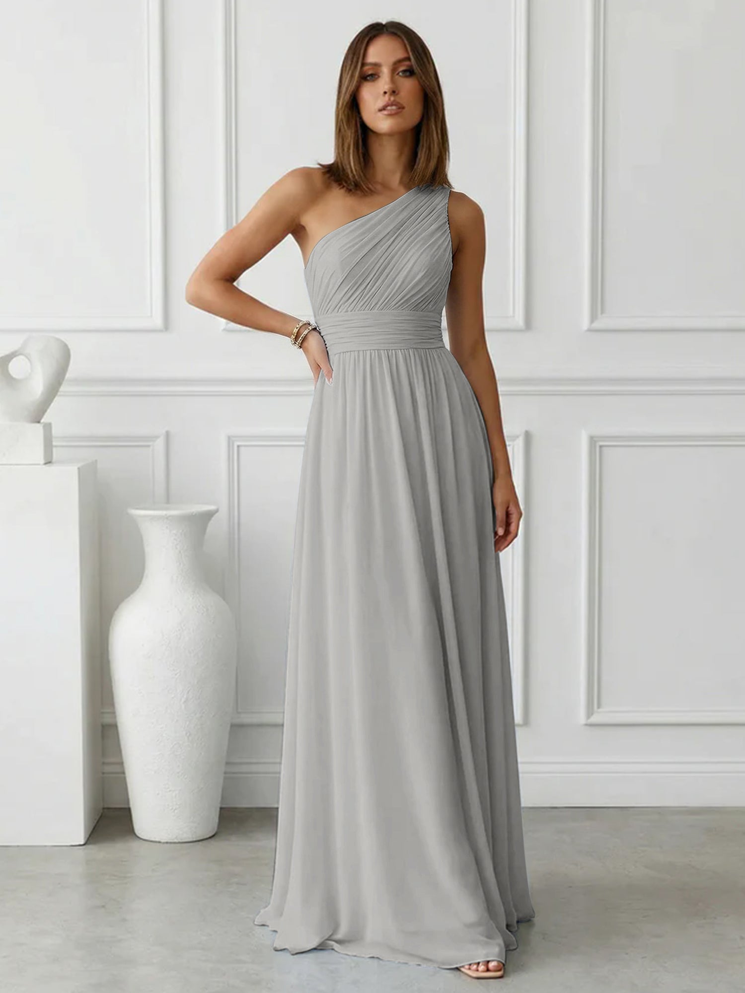 Timeless Light Blue One-Shoulder Maxi Dress Ruched Chiffon Gown
