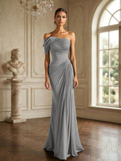 One Shoulder Pleat Mermaid Chiffon Evening Dresses for Women Gown