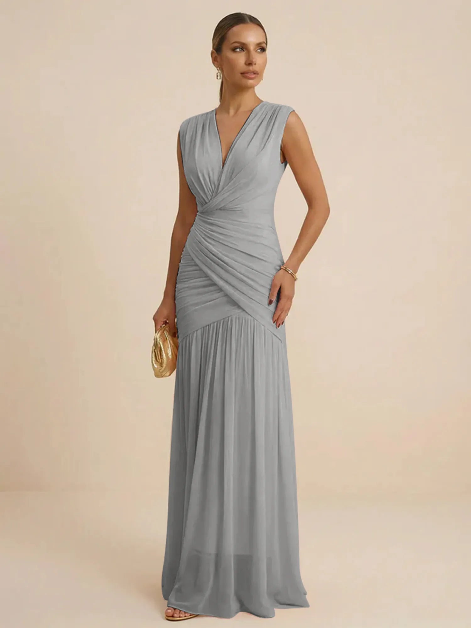 Pink Regular Straps V Neck Chiffon Pleat Mermaid Maxi Dress