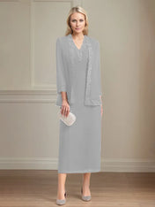 Sheath/Column Chiffon V Neck 3/4 Sleeves Tea Length Mother Of The Bride Dress
