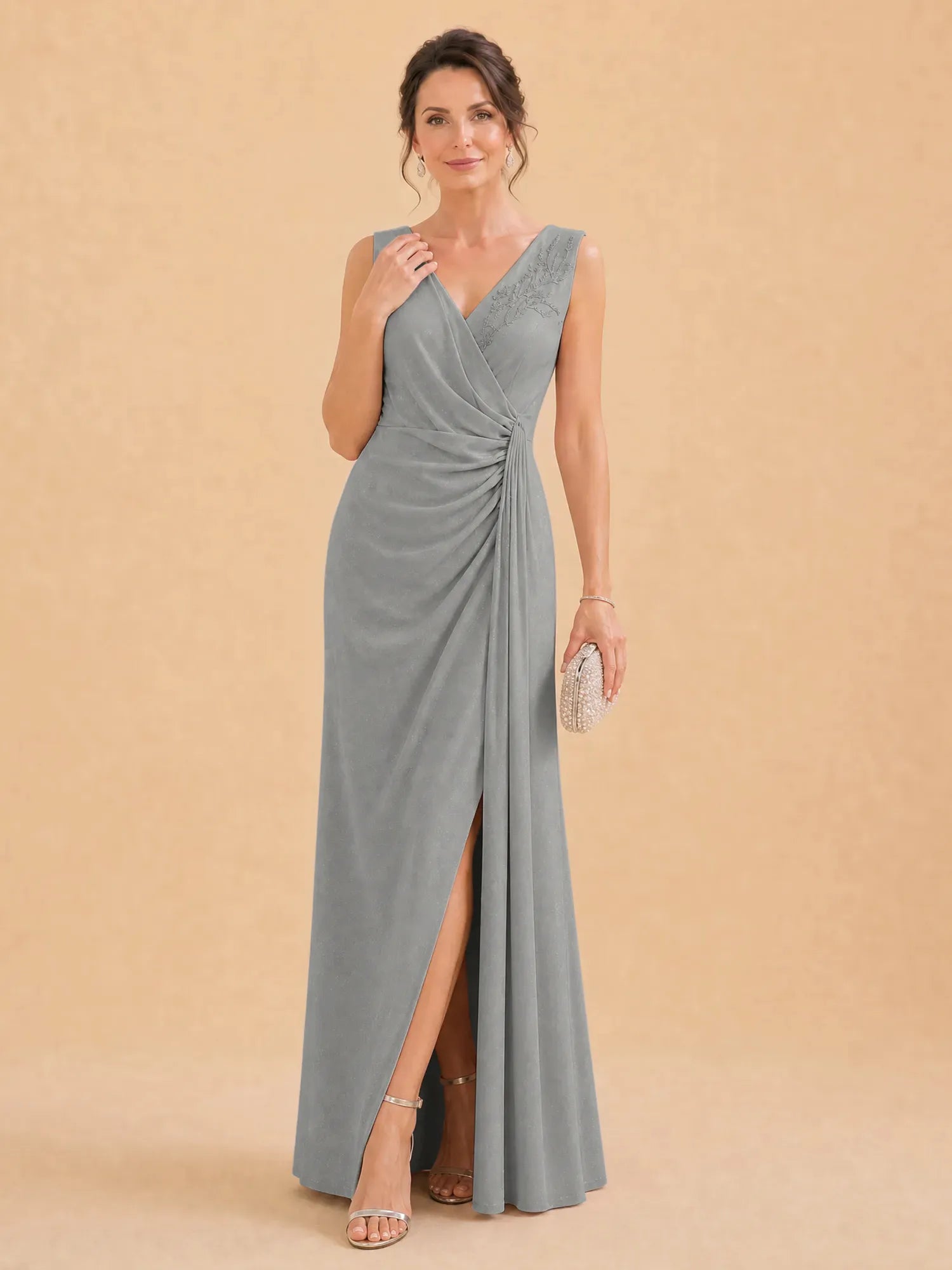 V-Neck Faux-Wrap Evening Gown with Side Draping Mother of The Bride Dresses