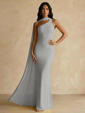 Yellow One-Shoulder Crepe Sheath Gown with Flowing Chiffon Cape Train