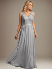 Dusty Blue A-line V Neck Floor-Length Lace Chiffon Mother of the Bride Dress