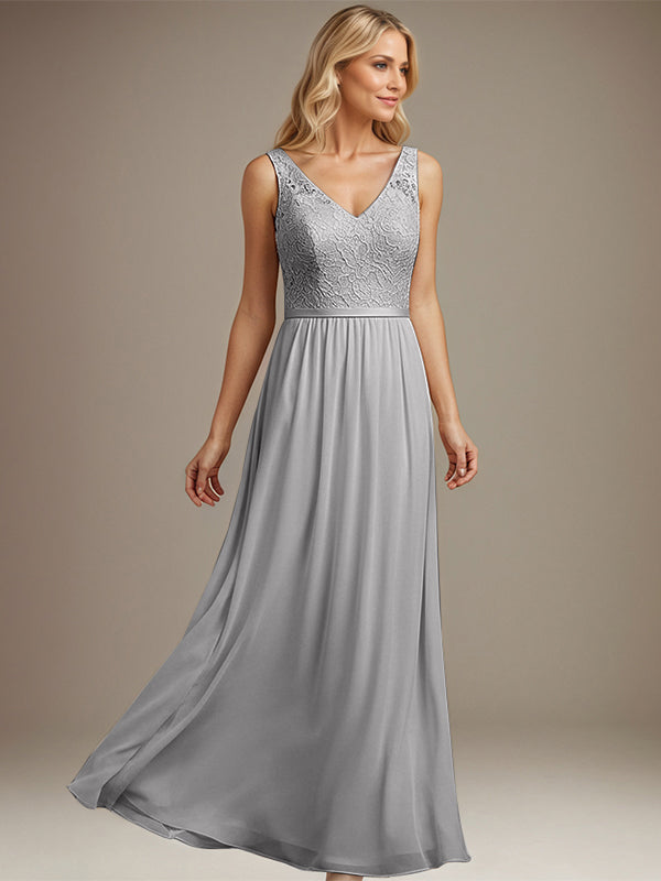 Dusty Blue A-line V Neck Floor-Length Lace Chiffon Mother of the Bride Dress