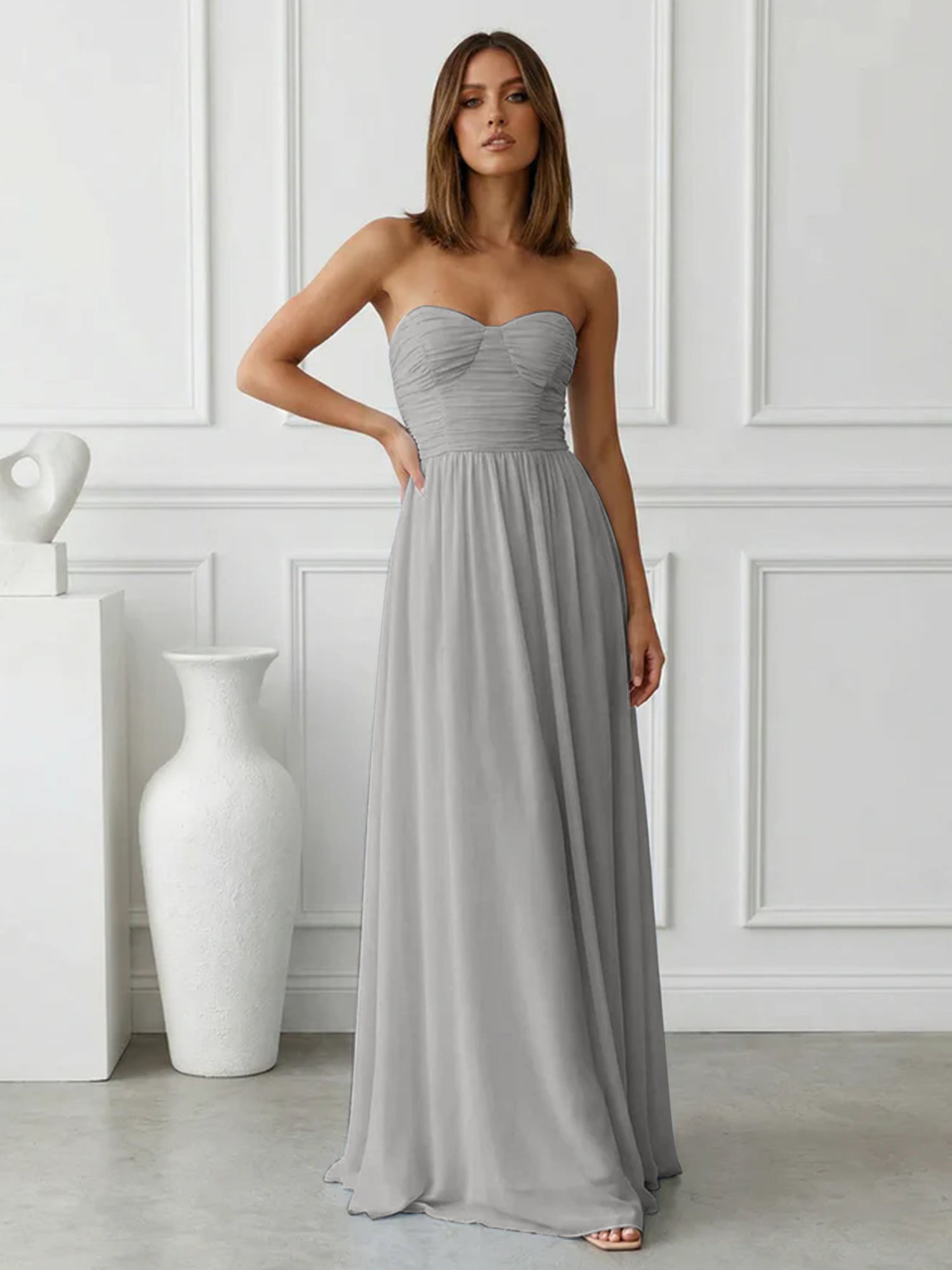Light Blue Sweetheart Chiffon A Line Maxi Dress with Pleat