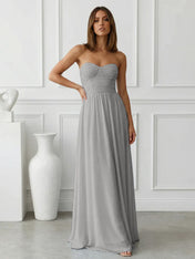 Light Blue Sweetheart Chiffon A Line Maxi Dress with Pleat