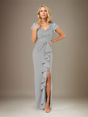 Sheath/Column V Neck Short Sleeve Floor Length Chiffon Dress With Cascading Ruffles