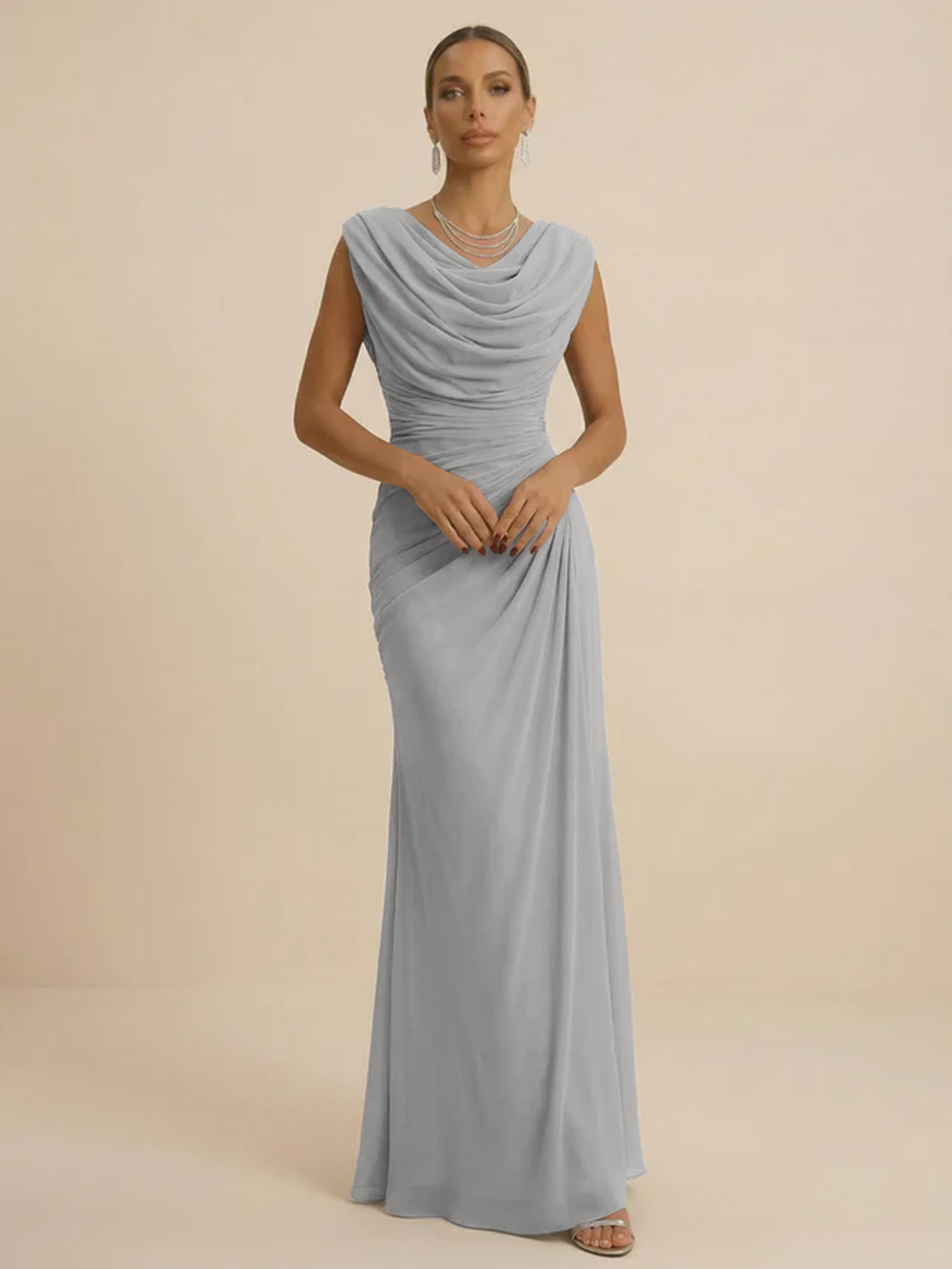 Dusty Grey Draped Cowl Neck Ruched Chiffon Evening Dresses