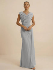 Dusty Grey Draped Cowl Neck Ruched Chiffon Evening Dresses