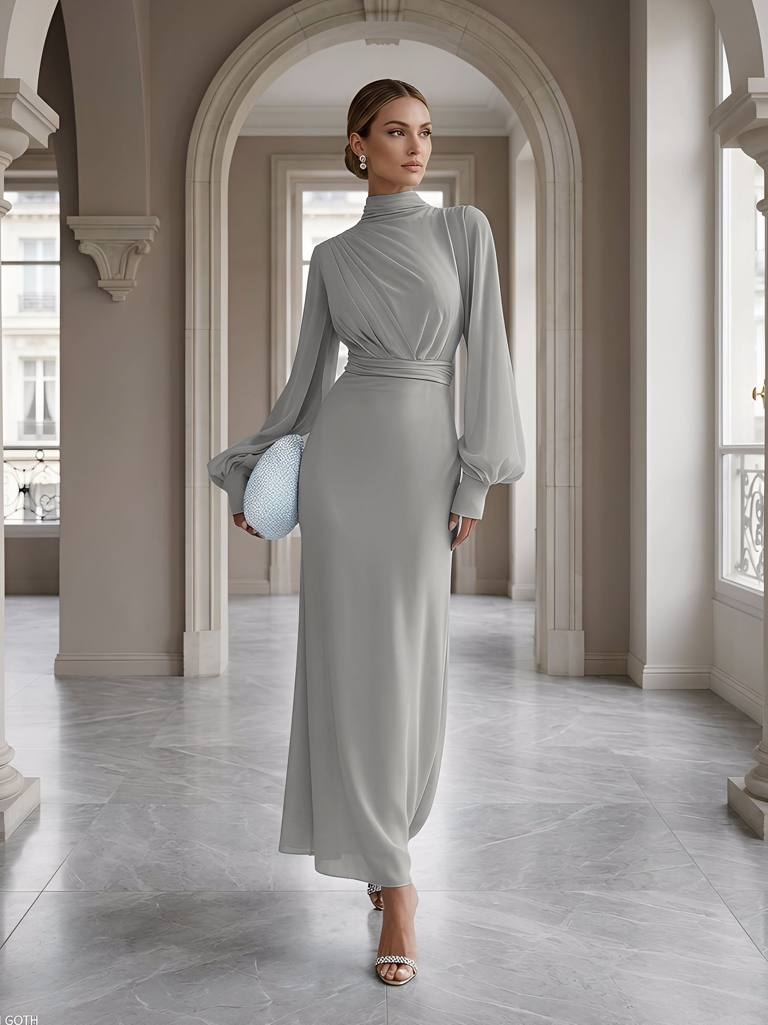 Ice Blue High-Neck Bishop Sleeve Gown Foraml Evening Dress