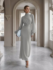 Ice Blue High-Neck Bishop Sleeve Gown Foraml Evening Dress