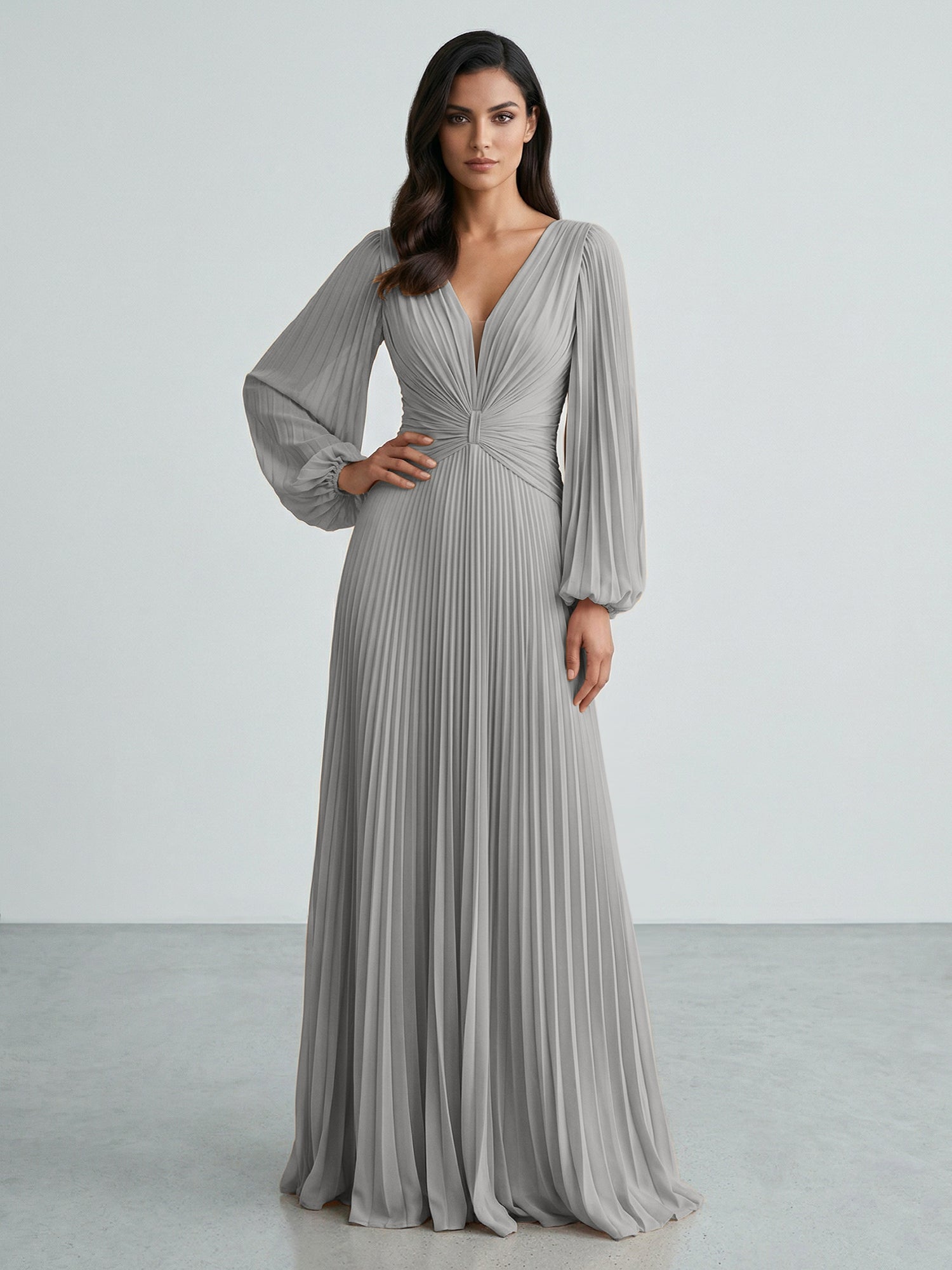 Slate Blue Plunging V-Neck Pleated Long Sleeve Maxi Dress Gown