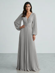 Slate Blue Plunging V-Neck Pleated Long Sleeve Maxi Dress Gown
