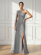 Formal Evening Dress Burgundy One Shoulder Slit Maxi Dress Gown