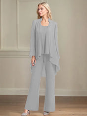 Chiffon Scoop Neck Long Sleeves Floor Length Mother Of The Bride Pantsuits