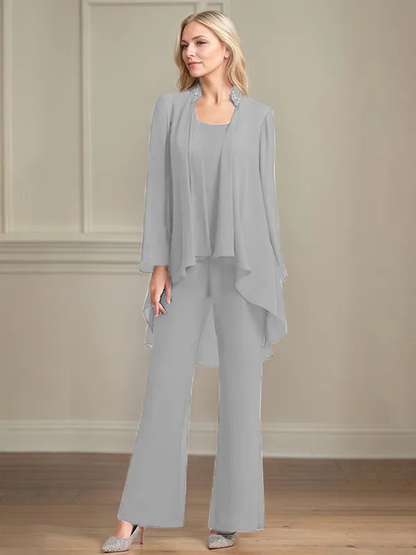 Chiffon Scoop Neck Long Sleeves Floor Length Mother Of The Bride Pantsuits