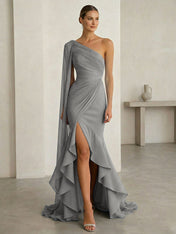 Glamorous Midnight Navy Formal Evening Dress One-Shoulder Ruched Cape Gown