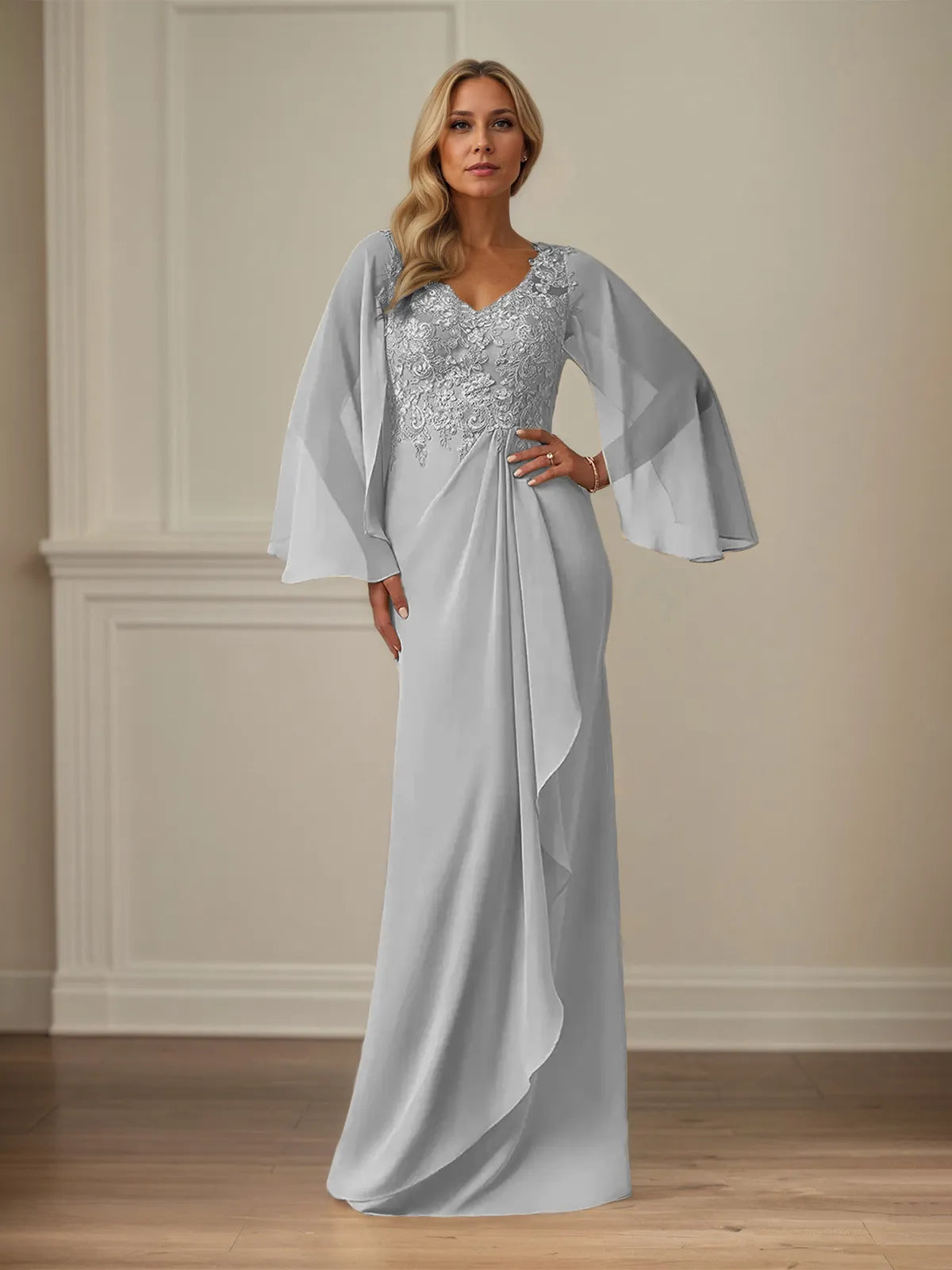 Column Chiffon V Neck Long Sleeves Floor Length Mother of the Bride Dresses With Appliques