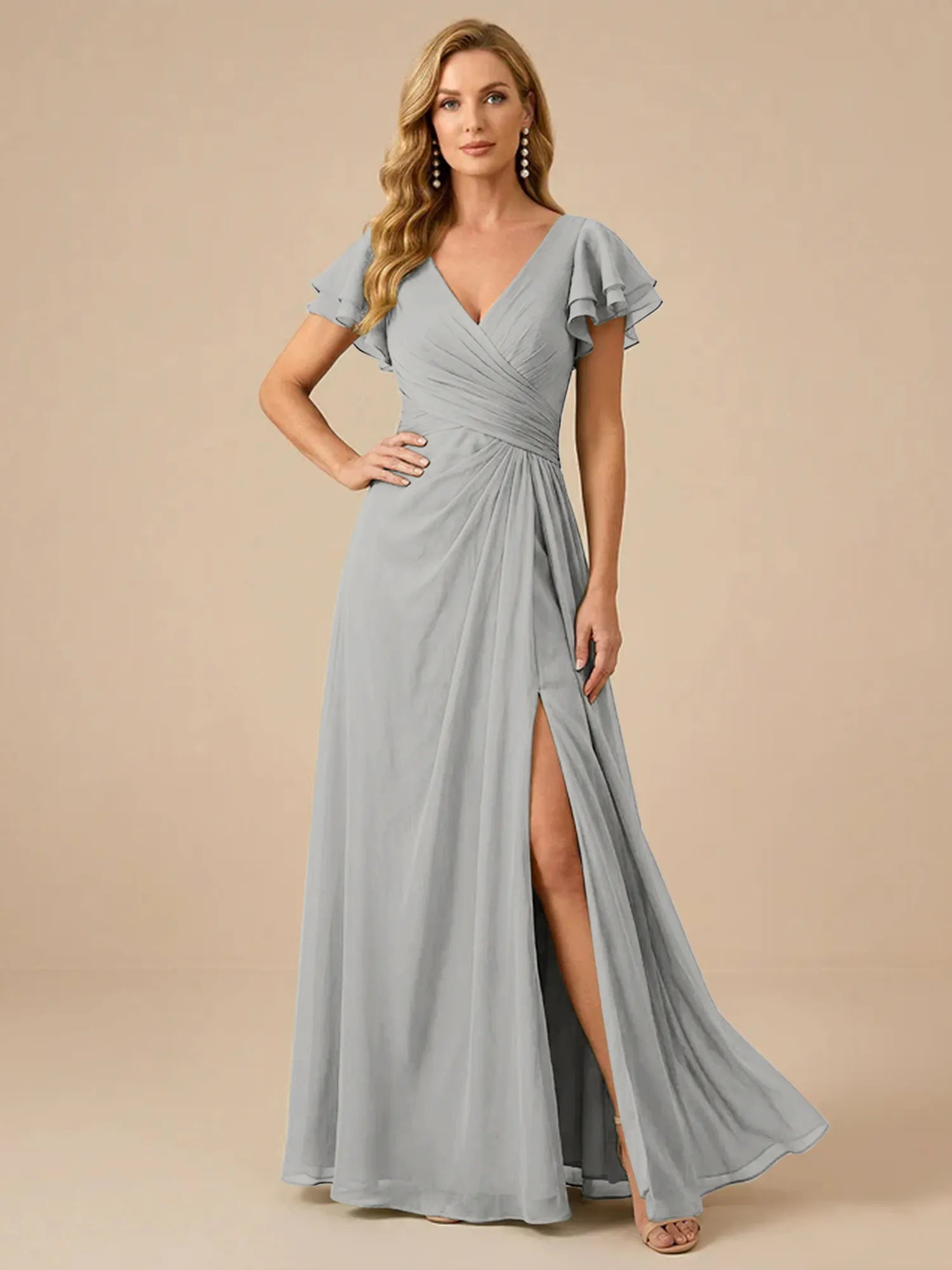 Sage Green V-Neck High-Slit Pleated Chiffon Dress