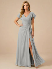 Sage Green V-Neck High-Slit Pleated Chiffon Dress