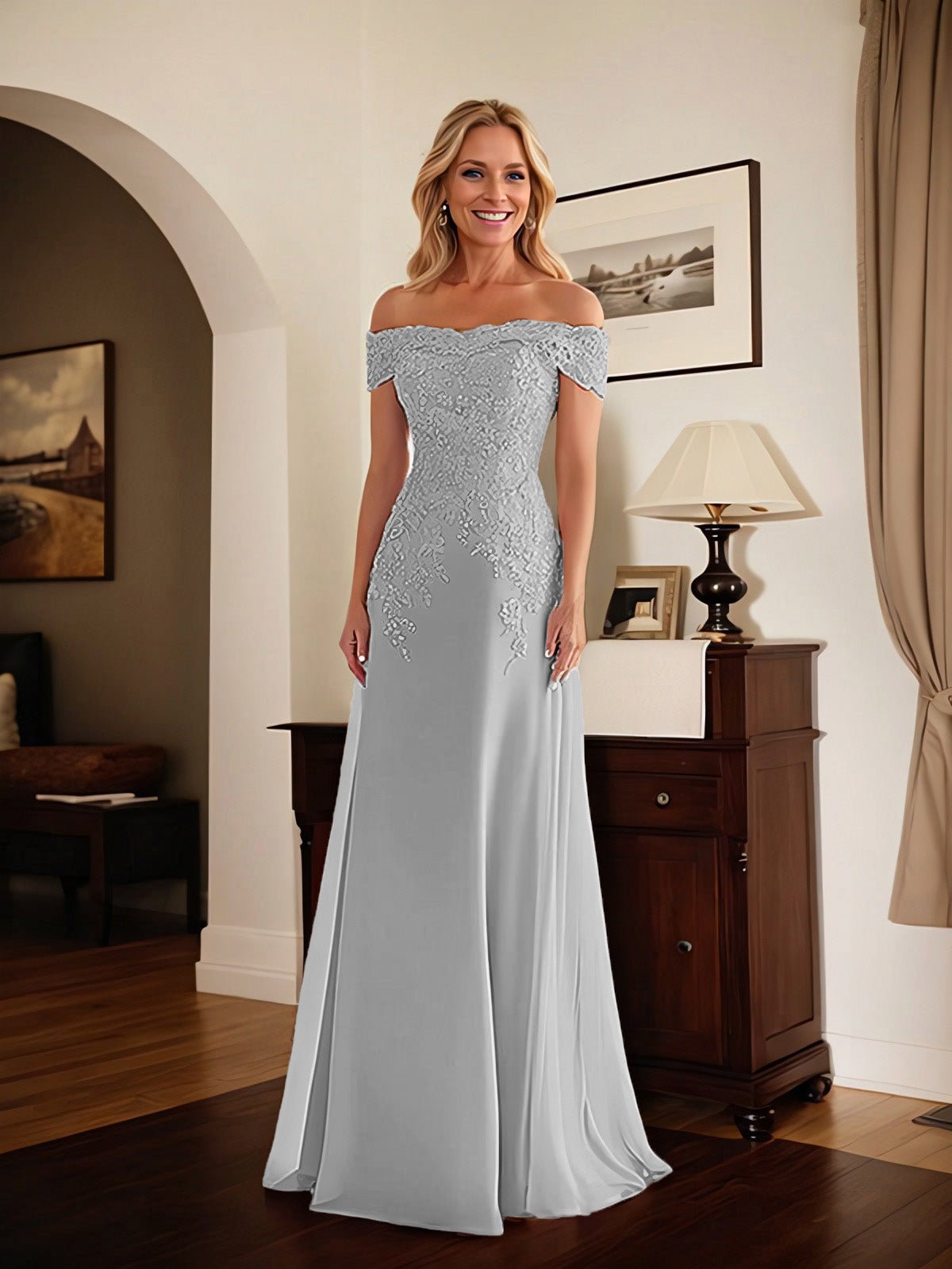Elegant Taupe Off The Shoulder Sheath Mother of the Bride Dress with Lace
