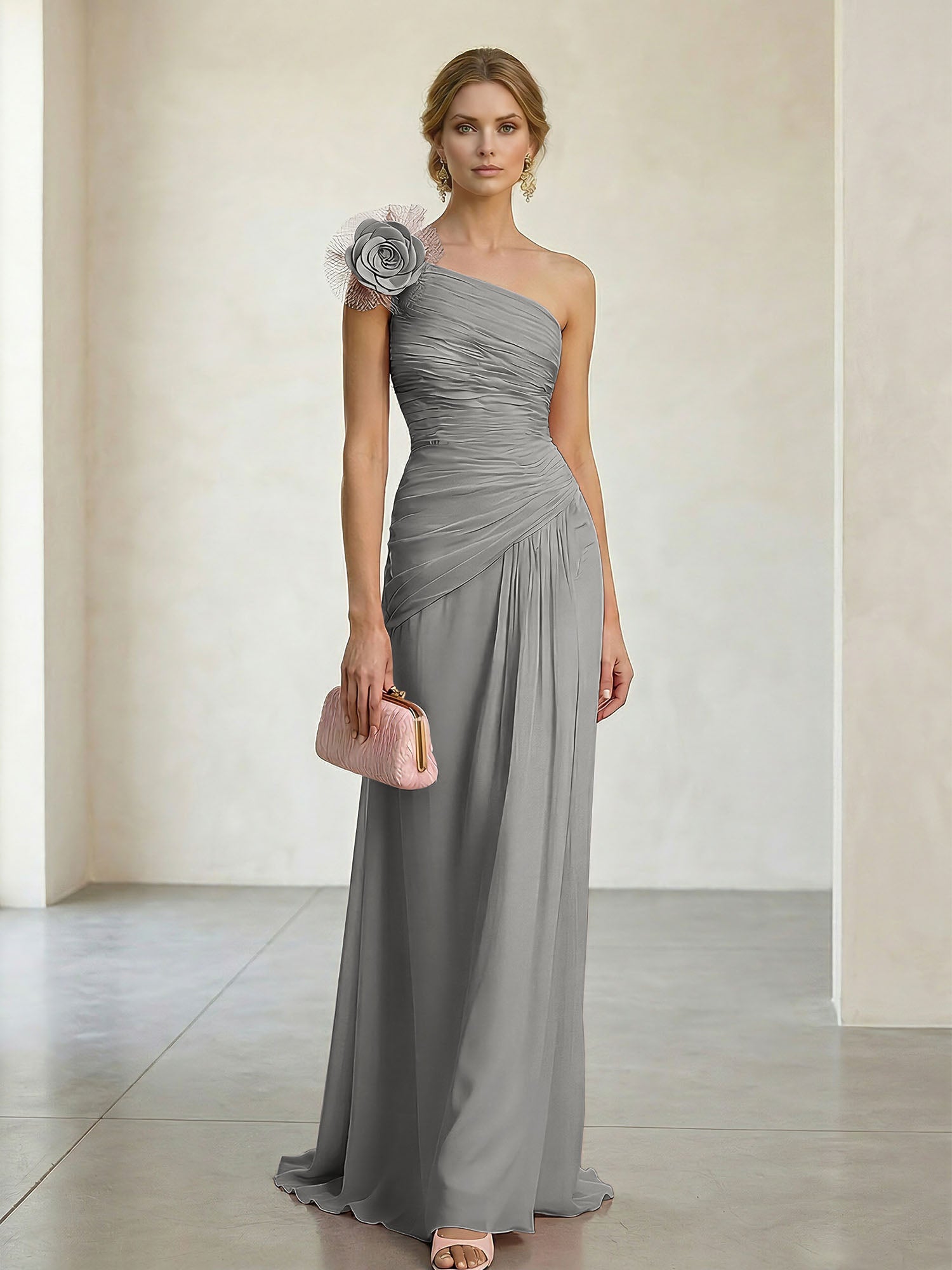 Blush Pink One-Shoulder Ruched 3D Floral Gown Dress