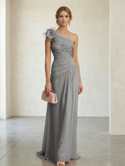 Blush Pink One-Shoulder Ruched 3D Floral Gown Dress