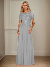 A Line Chiffon Boat Neck Short Sleeves Floor Length Mother of the Bride Dresses