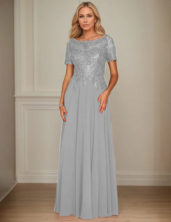 A Line Chiffon Boat Neck Short Sleeves Floor Length Mother of the Bride Dresses