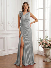 Olive Green Pleated One-Shoulder Prom Dress with 3D Rosettes