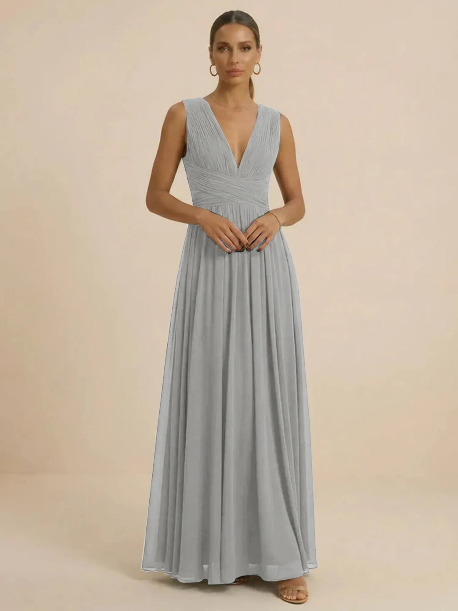Teal Pleated V-Neck Chiffon Evening Gown with Ruched