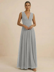 Teal Pleated V-Neck Chiffon Evening Gown with Ruched