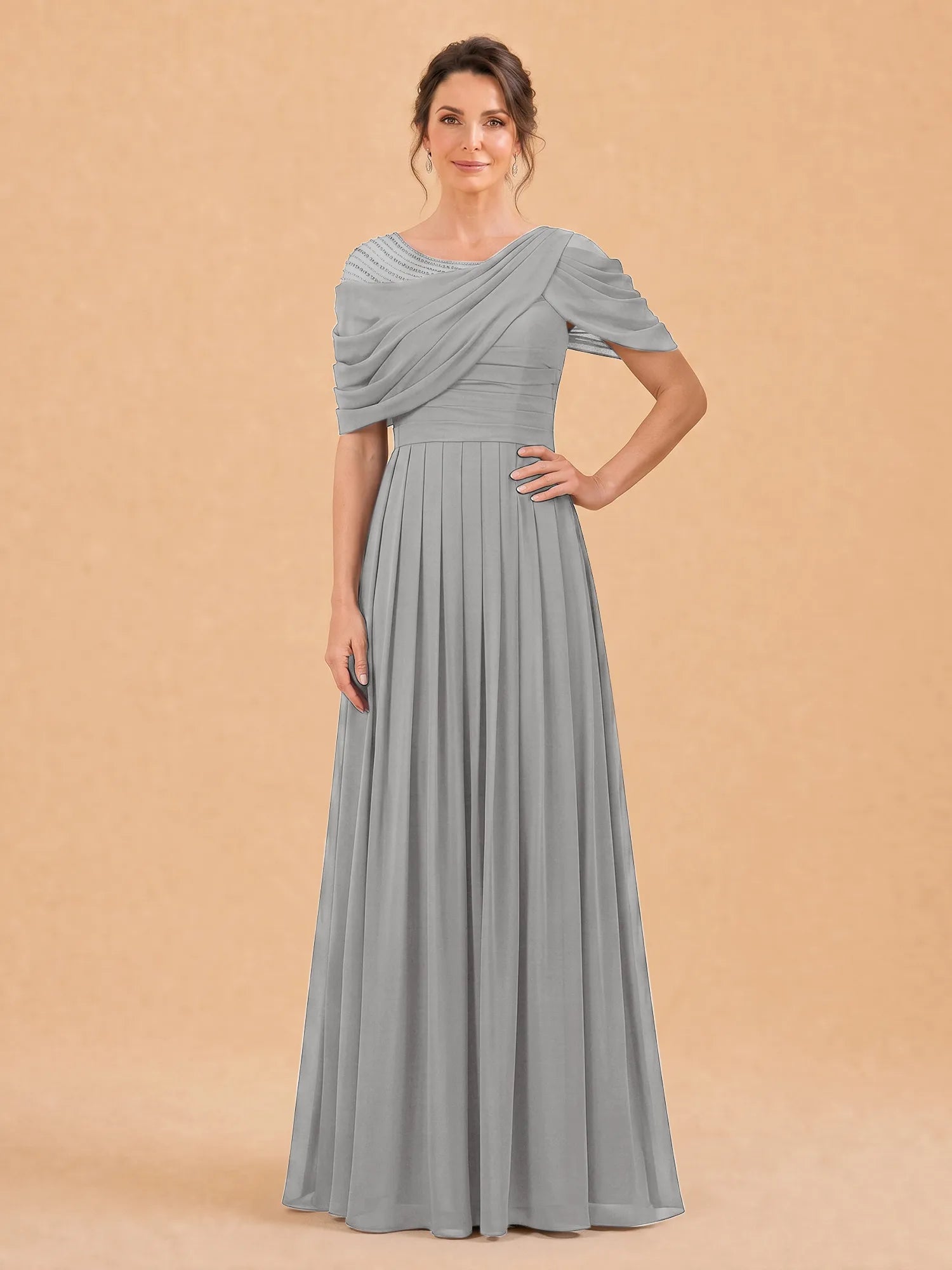 One-Shoulder Cape Overlay Chiffon Mother of the Bride Dress