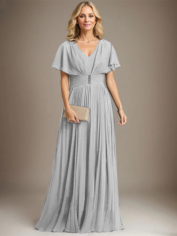 A-line V-Neck Floor-Length Chiffon Mother of the Bride Dress With Crystal Brooch Pleated