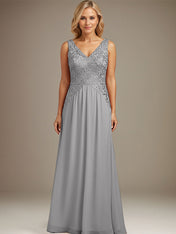 Burgundy A-line V Neck Floor-Length Lace Chiffon Mother of the Bride Dresses