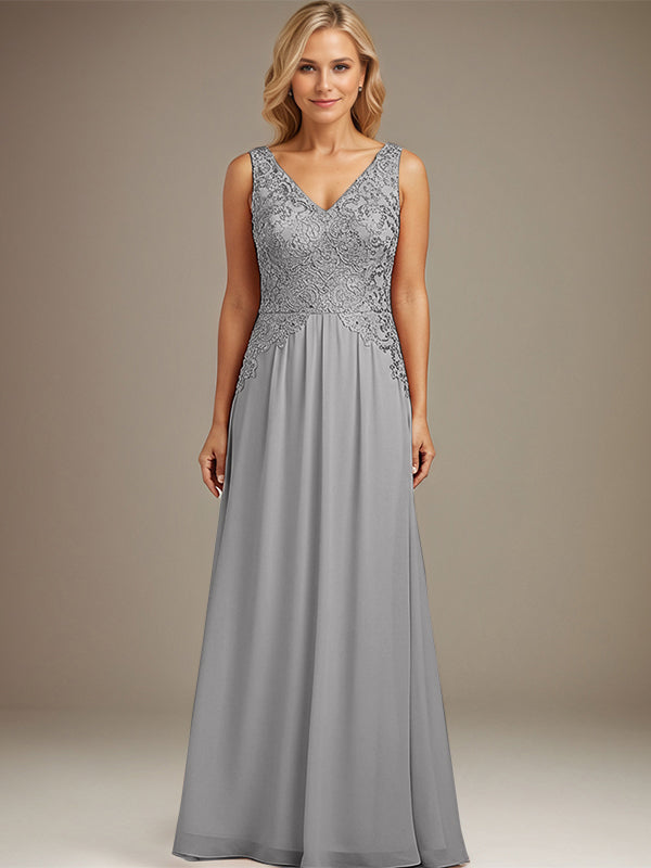 Burgundy A-line V Neck Floor-Length Lace Chiffon Mother of the Bride Dresses